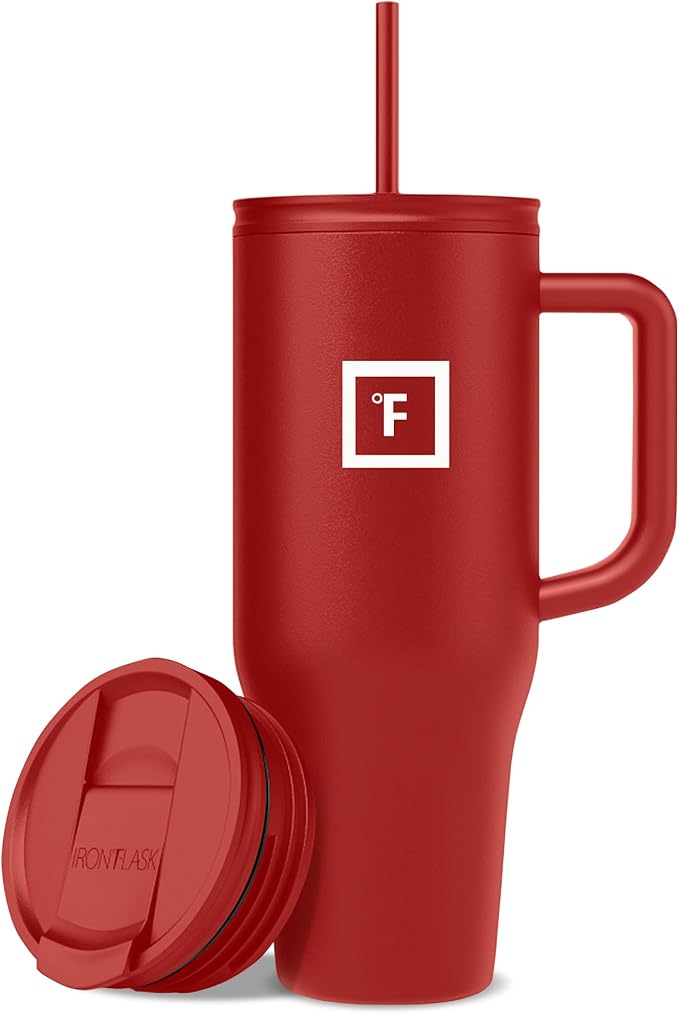 IRON °FLASK Co-Pilot Insulated Mug w/Straw & Flip Cap Lids - Cup Holder Bottle for Hot, Cold Drink - Leak-Proof- Water, Coffee Portable Travel Tumbler - Fire Red, 40 Oz by IronFlask
