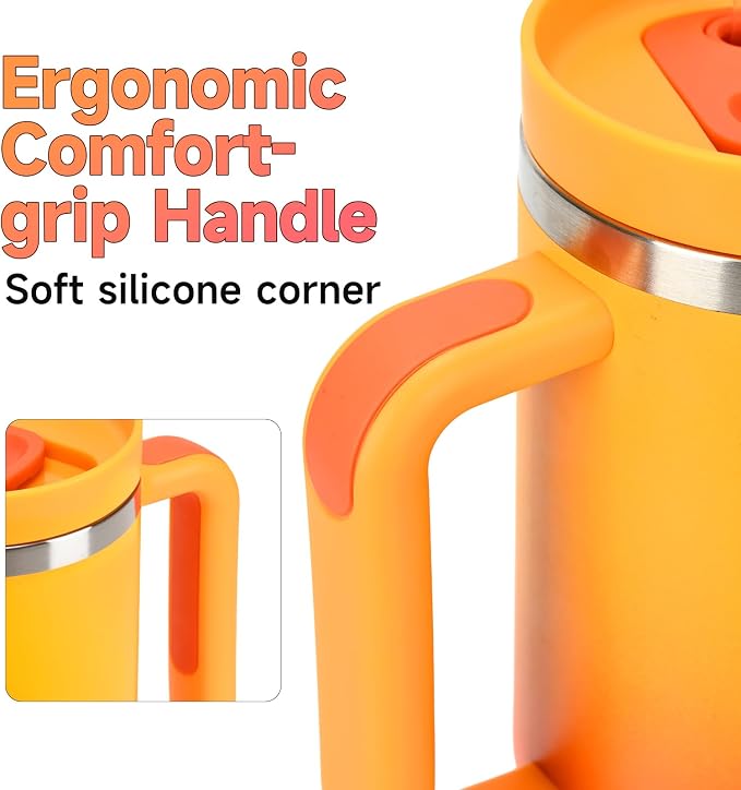 40oz Tumbler with Handle and Straw Spout 2-in-1 Lid, Spill Leak Proof Insulated Travel Cup Traveler Water Mug Keep Cold Hot, Dishwasher Safe Stainless Steel Bottle Gifts for Women Men, Ombre Orange - Image 6