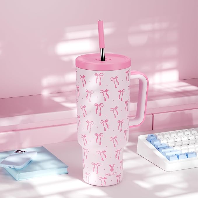 Meoky 40 oz Tumbler with Handle and Straw: Stainless Steel Insulated Tumbler with Lid and Straw - 100% Leak Proof Tumbler for Car Cup Holders - Travelers Commuters Workers, Bow - Image 7