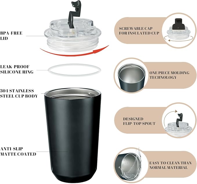 Puraville Insulated Tumblers with Lid, 14 oz Travel Coffee Mug Stainless Steel Vacuum Cup, Leak Proof Reusable Double Walled Coffee Tumbler for Iced and Hot Drinks, Black - Image 4
