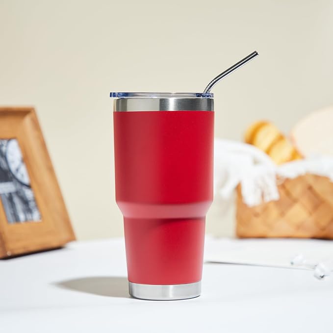 MEWAY 30oz Insulated Tumbler With Lids and Straws,Stainless Steel Double Vacuum Coffee Tumbler Cup, Brush, Durable Powder Coated Coffee Cup for Cold & Hot Drinks, Office, Travel(Coral red,8 PACK) - Image 7