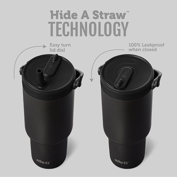 Ello Oasis Go+ 26oz Tumbler with Top Handle and Retracting Straw | Reusable Insulated Stainless Steel Cup, 100% Leakproof Water Bottle, 24 Hours Cold, Cup Holder Friendly For Travel | Black - Image 2