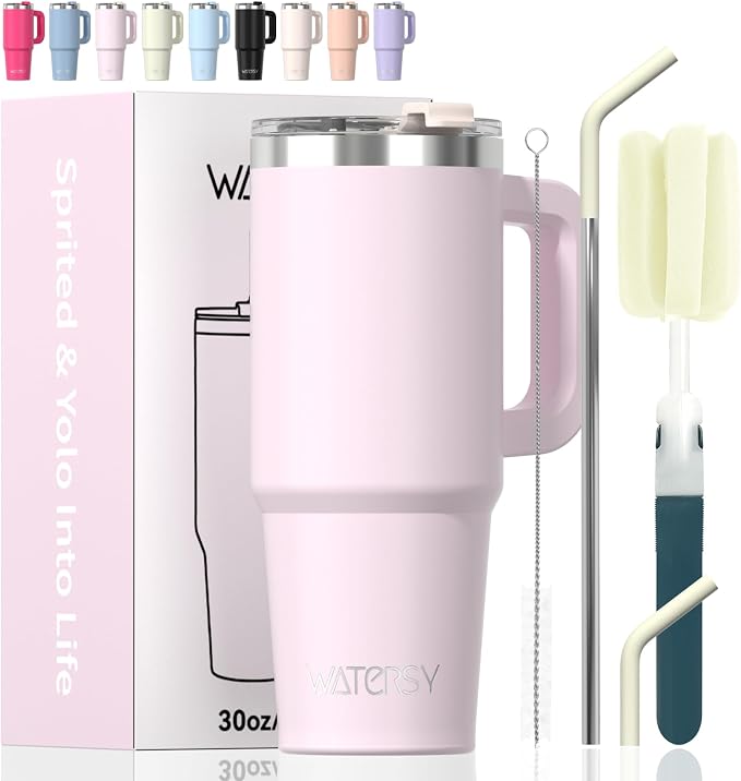 30 oz Tumbler with Handle,Tumbler with Lid and Straw,Double Wall Insulated Cup Stainless Steel Travel Mug(Cold for 34 Hours),Water Bottle for Iced Tea,Coffee,Cold Beverages(Rose Quartz) by Watersy