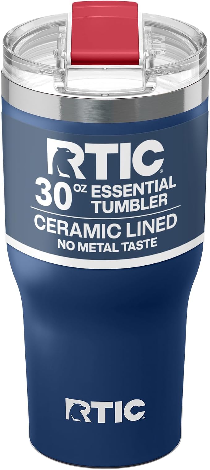 RTIC 30oz Essential Tumbler with Lid, Ceramic Lined, Insulated, Stainless Steel, Metal, Double Wall Vacuum-Insulation, Travel Cup for Iced Coffee, Tea, Hot and Cold Drink, Patriot by RTIC