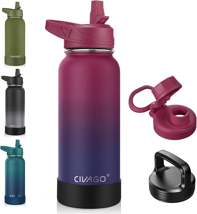 CIVAGO 32 oz Insulated Water Bottle With Straw, Stainless Steel Sports Water Cup Flask with 3 Lids (Straw, Spout and Handle Lid), Wide Mouth Travel Thermal Mug, Dark Rainbow by CIVAGO
