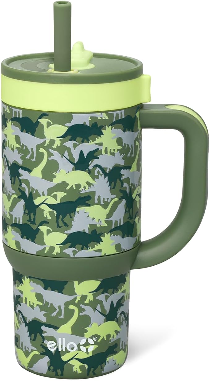 Ello Oasis 14oz Stainless Steel Toddler Tumbler with Handle & Retracting Straw, 100% Leakproof, Double-Wall Vacuum Insulated, Kids Water Bottle for School, BPA Free, Dishwasher Safe, Dinos by Ello