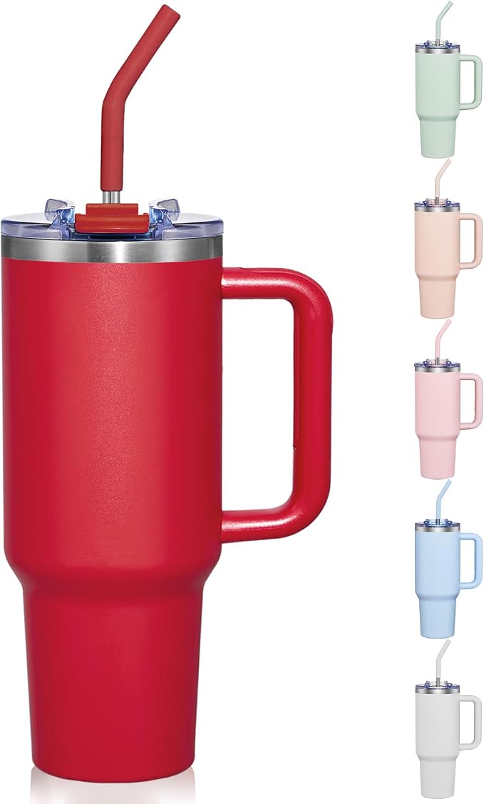 COKTIK 40 oz Tumbler With Handle and Straw, Insulated Tumbler With Leakproof Lids, Stainless Steel|BPA-Free, Cold for 24 H (Red) by coktik