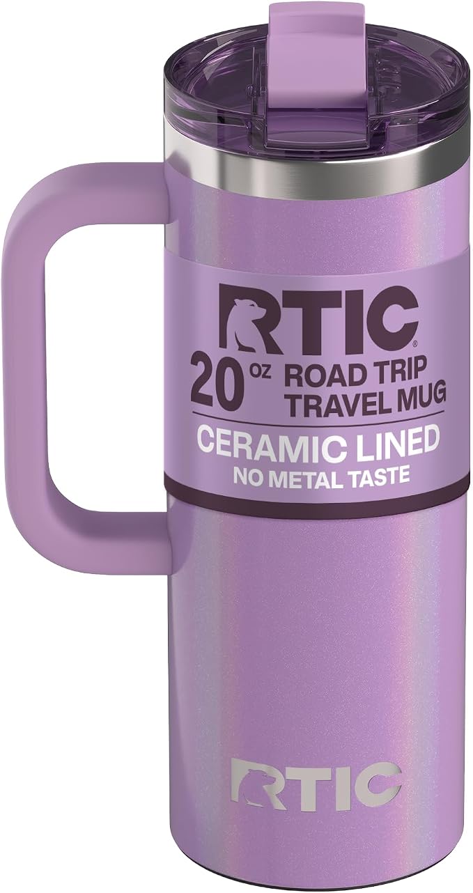 RTIC 20oz Road Trip Travel Mug with Lid and Handle, Ceramic Lined, Insulated, Stainless Steel, Metal, Double Wall Vacuum-Insulation, Portable Coffee, Tea Cup for Hot and Cold Drink, Lavender Glitter by RTIC