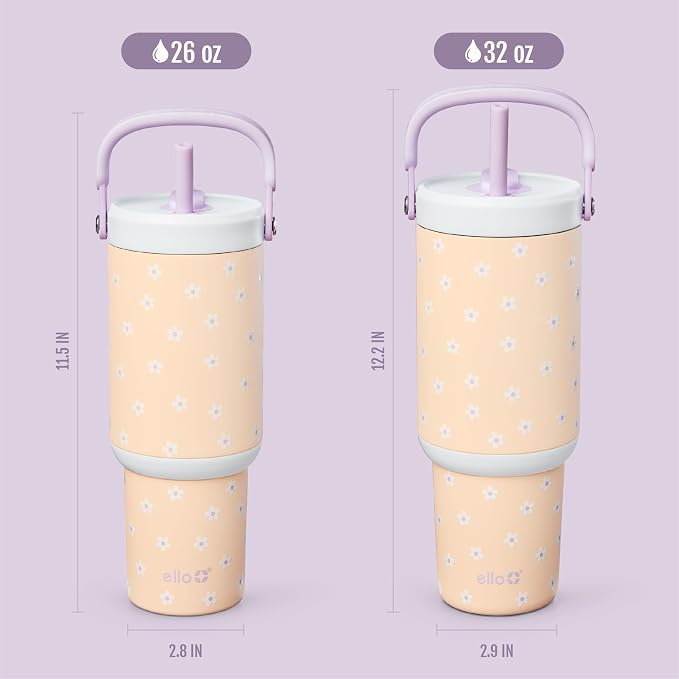 Ello Oasis Go+ 32oz Tumbler with Top Handle and Retracting Straw | Reusable Insulated Stainless Steel Cup, 100% Leakproof Water Bottle, 24 Hours Cold, Cup Holder Friendly For Travel | Daisies - Image 7