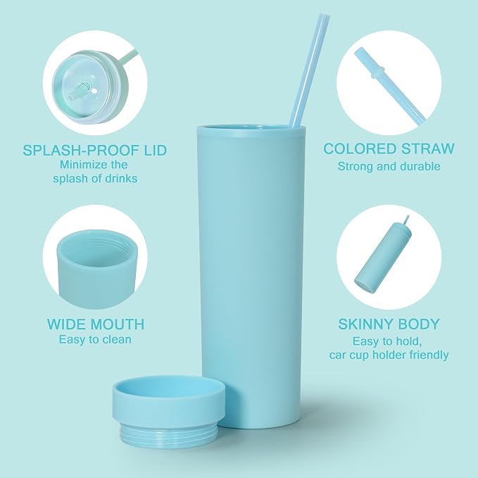 sweet grain Skinny Tumblers with Lids and Straws(6 Pack) - 16oz Matte Pastel Colored Skinny Acrylic Tumblers, Double Wall Plastic Tall Skinny Tumblers Bulk for Cold Hot Drinks - Sky Blue - Image 4