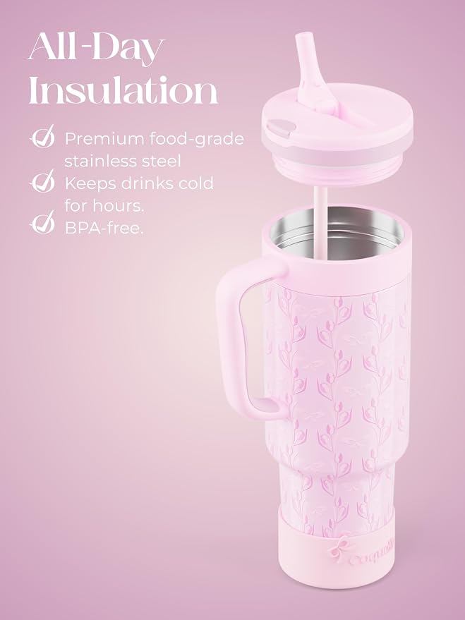 40 oz Insulated Tumbler with Handle and Push-Button Straw Lid, Stainless Steel Travel Cup for Gym Office, Leakproof, BPA-Free, Cup Holder Friendly, Bow Silicone Boot, Purple (Tulip Lilac) - Image 4