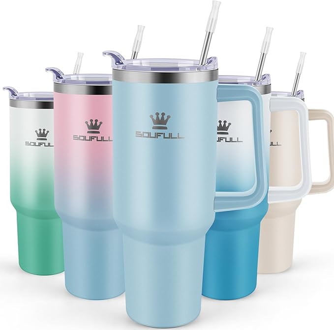 40oz Leakproof Stainless Steel Insulated Travel Tumbler with Handle, Straw Lid - Keeps Cold 34hrs, Hot 10hrs by SOUFULL