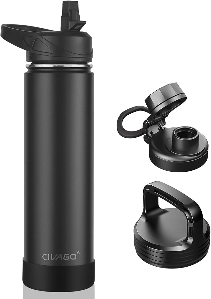 CIVAGO 24 oz Insulated Water Bottle With Straw, Stainless Steel Sports Water Flask Cup with 3 Lids (Straw, Spout and Handle Lid), Double Walled Travel Thermal Canteen Mug, Black by CIVAGO