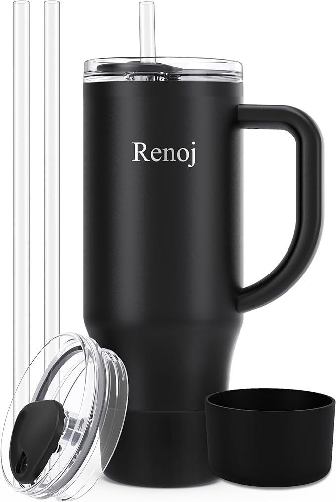 Renoj Insulated Mug 100% Spill Resistant Insulated Water Bottle for Iced Coffee & Hot Drinks - Fits Car Cup Holder, Ideal Gift, 2 Straws & Silicone Boot - FlexSlide White 40 oz by VisittheRenoj