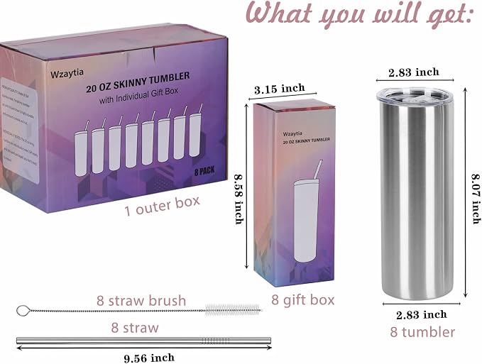 8 Pack 20 Oz Straight Skinny Tumblers, Individually Gift Boxed Stainless Steel Slim Skinny Tumbler Set Bulk, 20 Oz Insulated Slim Thin Travel Tumbler Cup for Diy, Silver - Image 2