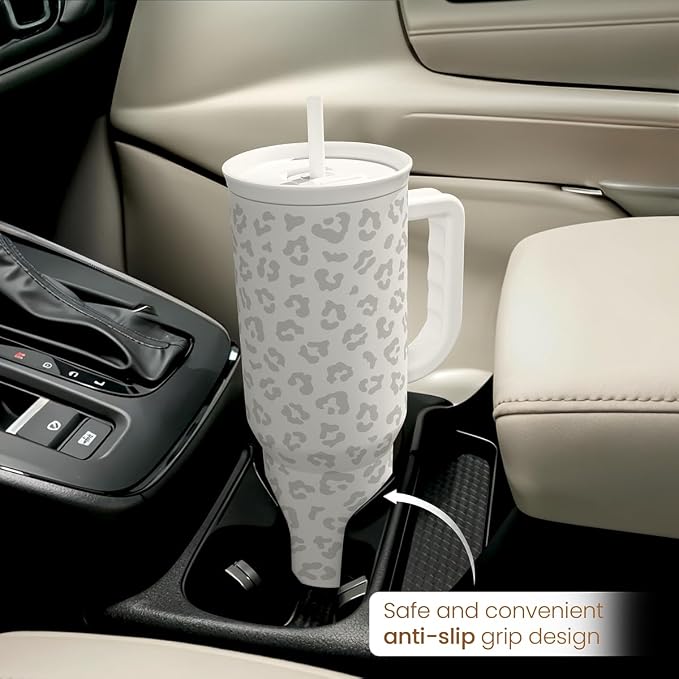 SANDJEST Leopard Tumbler with Handle, Insulated Cup Stainless Steel Travel Mug Cup, Gifts for Women Girl on Birthday Christmas, Cream Leopard, 40oz - Image 7