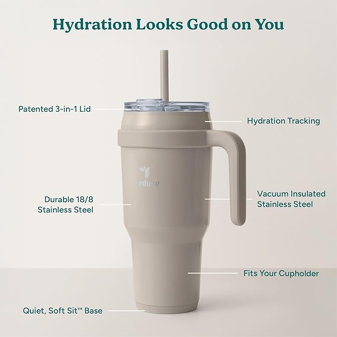 REDUCE 40 oz Stainless Steel Tumbler with Handle - Dual-Wall Vacuum Insulated Travel Mug, Sweat-Proof Lid & Reusable Straw - Keeps Drinks Cold for 24 Hrs, Fits Cupholders, Dishwasher Safe - Sand - Image 4