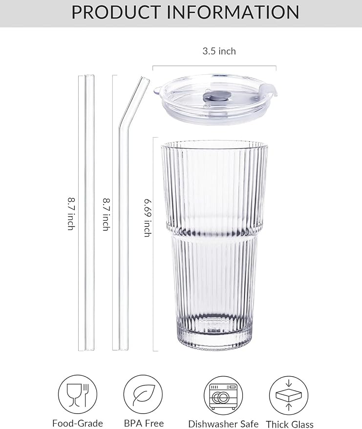 20 oz Glass Tumblers, Iced Coffee Cups with Lids and Glass Straws, Thickened Wall Glass Cups, Ideal for Smoothies, Cocktails, and Juices – Vintage and Durable Drinkware – 4 Pack - Image 4