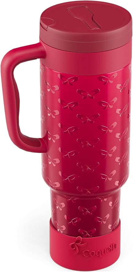 40 oz Insulated Tumbler with Handle and Push-Button Straw Lid, Stainless Steel Travel Cup for Gym Office, Leakproof, BPA-Free, Cup Holder Friendly, Bow Silicone Boot, Red (Coquette Cherry) by Coquella