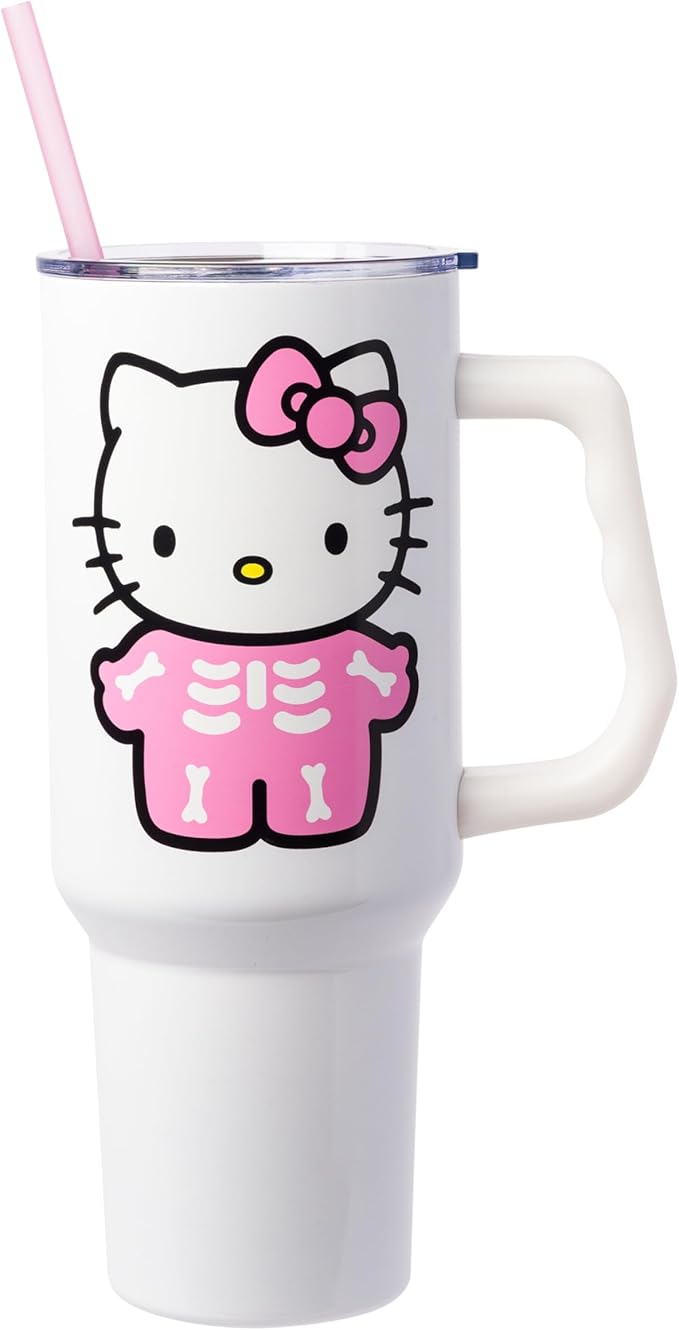 Silver Buffalo Sanrio Hello Kitty Halloween Spooky Skeleton Costume Stainless Steel Tumbler with Handle and Straw, Fits in Standard Cup Holder, 40 Ounces (Pack of 12) by SilverBuffalo