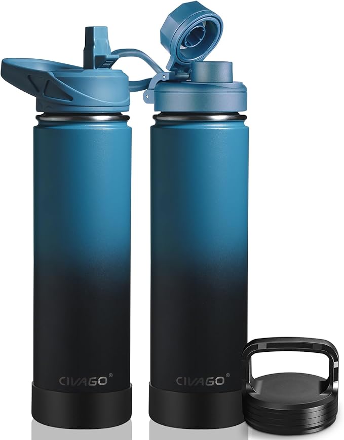 CIVAGO 24 oz Insulated Water Bottle With Straw, Stainless Steel Sports Water Flask Cup with 3 Lids (Straw, Spout and Handle Lid), Double Walled Travel Thermal Canteen Mug, Indigo Black by CIVAGO