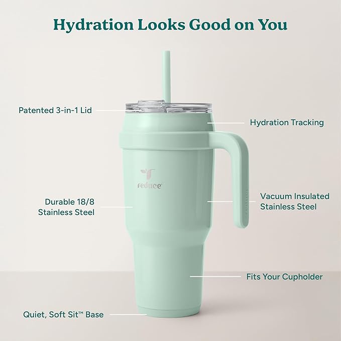 REDUCE Cold1 40 oz Tumbler with Handle - Vacuum Insulated Stainless Steel Water Bottle for Home, Office or Car, Reusable Mug with Straw or Leakproof Flip Lid, Keeps Drinks Cold All Day-Gloss Sea Glass - Image 4
