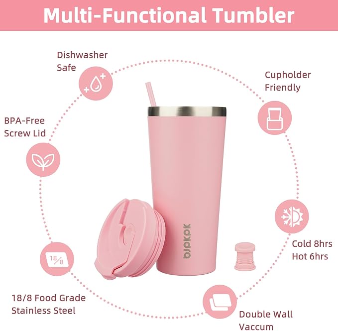 BJPKPK 22oz Tumbler With lid And Straw Stainless Steel Travel Coffee Mug Insulated Tumblers Cups,Light Pink - Image 3
