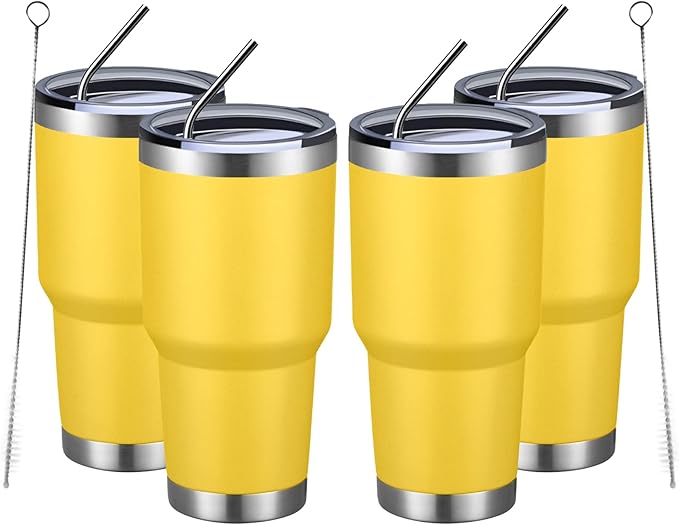 MEWAY 30oz Insulated Tumbler With Lids and Straws,Stainless Steel Double Vacuum Coffee Tumbler Cup, Brush, Durable Powder Coated Coffee Cup for Cold & Hot Drinks, Office, Travel(Yellow,4 PACK) by MEWAY