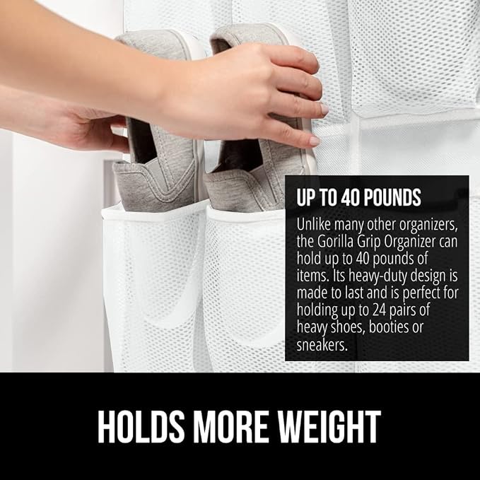 GORILLA GRIP Over the Door Shoe Organizer, 2 Pack, 24 Breathable Mesh Pockets - Image 3