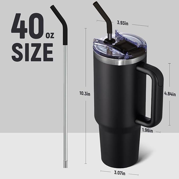 COKTIK 40 oz Tumbler With Handle and Straw, Insulated Tumbler With Leakproof Lids, Stainless Steel|BPA-Free, Cold for 24 H (Black) - Image 2
