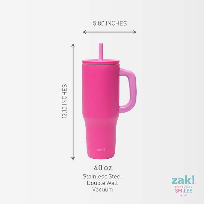 Zak Designs Sutton Travel Tumbler for On the Go, 40oz Stainless Steel with Vacuum Insulation, Silicone Straw, and Carry Handle for Cold Drinks (Razzberry Pink) - Image 7