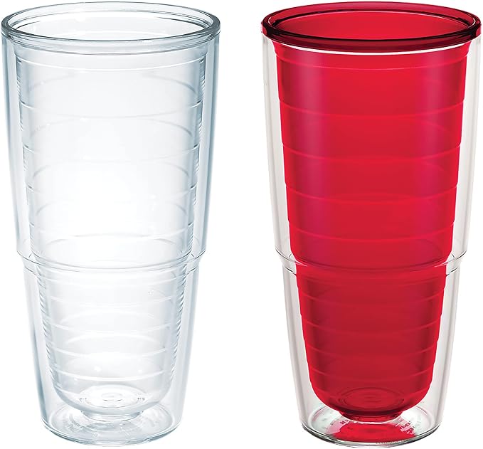 Tervis Clear & Colorful Tabletop Made in USA Double Walled Insulated Tumbler Travel Cup Keeps Drinks Cold & Hot, 24oz - 2pk, Clear and Red by TervisTumblerCompany