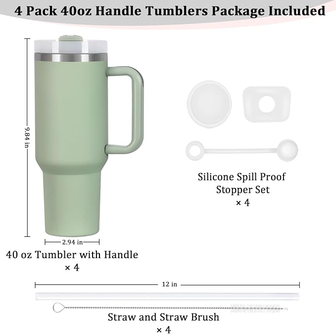 4 Pack 40 Oz Tumbler with Handle Bulk, Double Wall Vacuum Insulated Stainless Steel Tumbler with Lid and Straw, 40 oz cup with Silicone Spill Proof Stopper Set (Dark Green) - Image 3