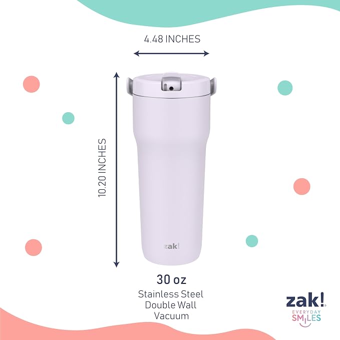 Zak Designs Sutton Travel Tumbler for On the Go, 30oz Stainless Steel with Vacuum Insulation, Straw Spout, Carry Handle for Cold Drinks (Smoky Lilac Purple) - Image 6