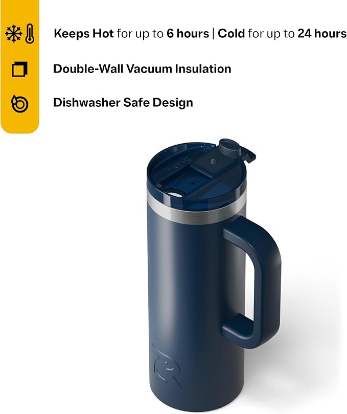 RTIC 20oz Road Trip Travel Mug with Lid and Handle, Ceramic Lined, Insulated, Stainless Steel, Metal, Double Wall Vacuum-Insulation, Portable Coffee, Tea Cup for Hot and Cold Drink, Navy - Image 3
