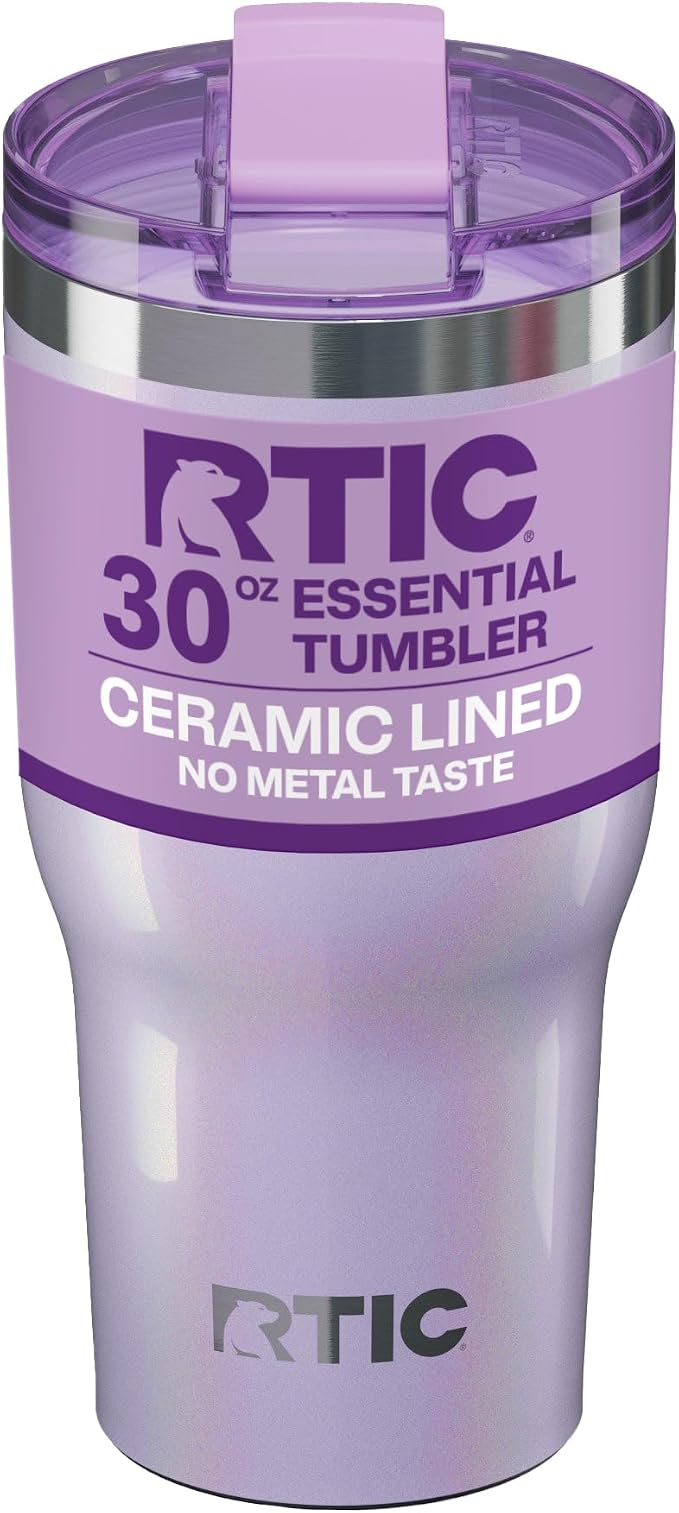 RTIC 30oz Essential Tumbler with Lid, Ceramic Lined, Insulated, Stainless Steel, Metal, Double Wall Vacuum-Insulation, Travel Cup for Iced Coffee, Tea, Hot and Cold Drink, Lavender Glitter by RTIC