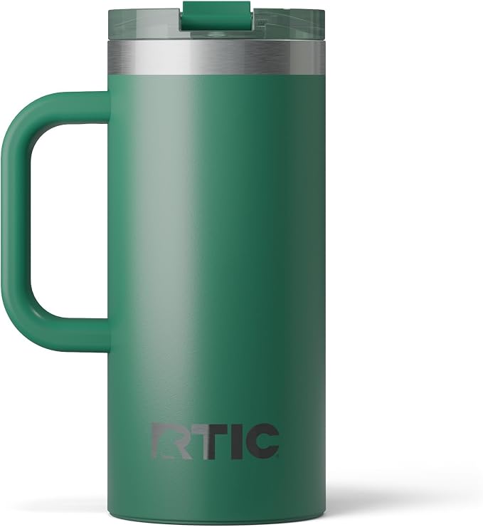 RTIC 16oz Road Trip Travel Mug with Lid and Handle, Ceramic Lined, Insulated, Stainless Steel, Metal, Double Wall Vacuum-Insulation, Portable Coffee, Tea Cup for Hot and Cold Drink, Pine Tree by RTIC