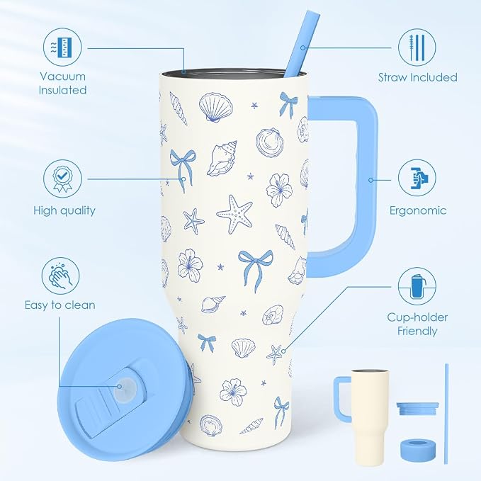 SANDJEST Beach 40oz Tumbler with Handle and Straw, Insulated Stainless Steel Travel Coffee Mug for Women Girls Beach Lovers, Gift Idea for Birthday Christmas Mothers Day Summer Vacation (Blue) - Image 2