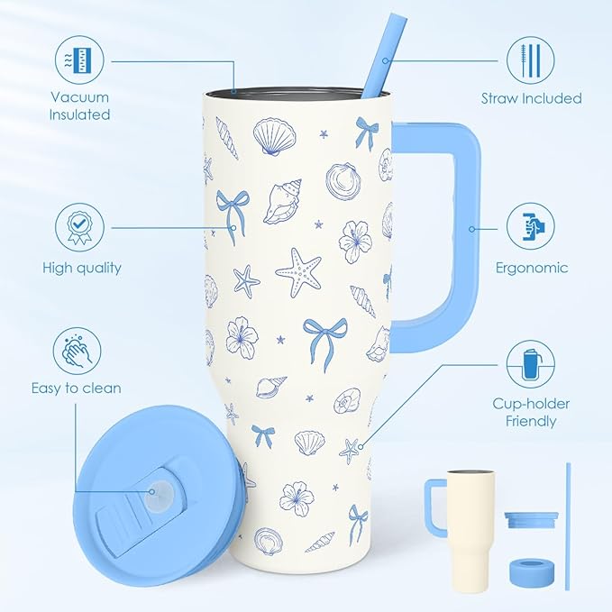 SANDJEST Coastal 40oz Tumbler with Handle and Straw, Insulated Stainless Steel Travel Coffee Mug for Women Girls, Gift Idea for Birthday Christmas Mothers Day - Image 2