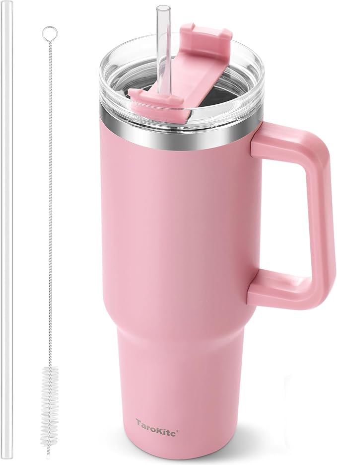 40 oz Tumbler with Handle and Straw, Pink Insulated Travel Mug Iced Coffee Cup, Reusable Stainless Steel Insulated Water Bottle, Keeps Drinks Cold for 34 Hours, Women Christmas Gifts for Mom Grandma by TaroKitc