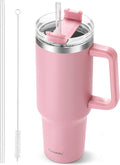 40 oz Tumbler with Handle and Straw, Pink Insulated Travel Mug Iced Coffee Cup, Reusable Stainless Steel Insulated Water Bottle, Keeps Drinks Cold for 34 Hours, Women Christmas Gifts for Mom Grandma by TaroKitc