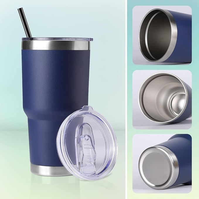 DOMICARE 30oz Tumbler Bulk with Lid and Straw, Double Wall Travel Coffee Mug, Insulated Vacuum Stainless Steel Tumblers, Powder Coated Tumbler Cup (Navy, 8) - Image 6