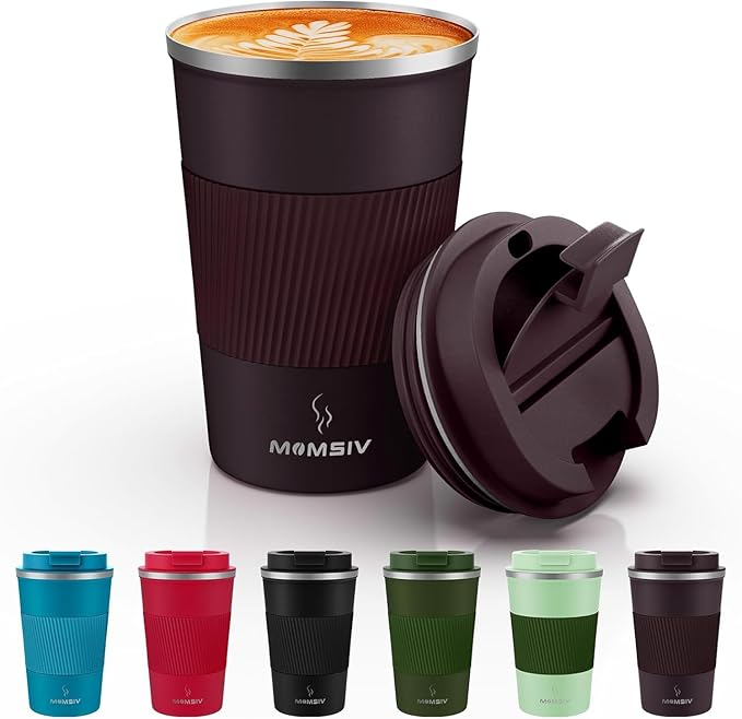 MOMSIV 12oz Travel Mug, Insulated Coffee Cup with Leakproof Lid, Vacuum Stainless Steel Double Walled Reusable Tumbler for Hot and Cold Water Coffee and Tea In Travel and Car (Brown) by MOMSIV
