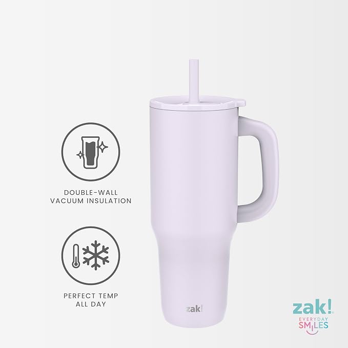 Zak Designs Sutton Travel Tumbler for On the Go, 40oz Stainless Steel with Vacuum Insulation, Silicone Straw, and Carry Handle for Cold Drinks (Razzberry Pink) - Image 4