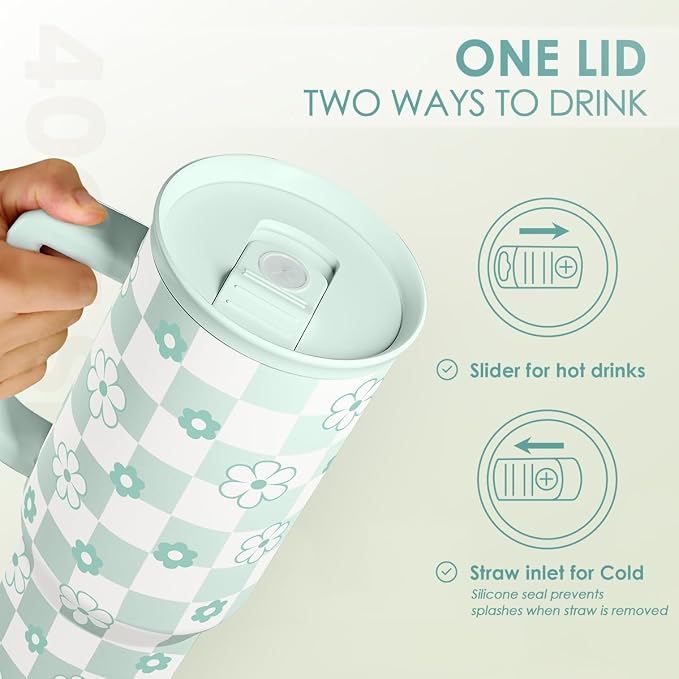 SANDJEST 40oz Daisy Flower Tumbler with Handle and Straw - Insulated Stainless Steel Coffee Travel Mug for Women Girls, Floral Gift Idea for Birthday Christmas - Image 4