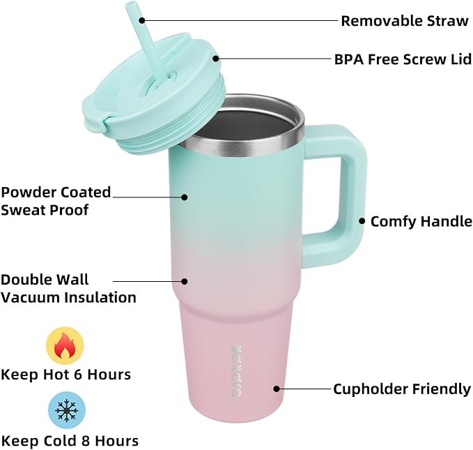 BJPKPK 30 oz Stainless Steel Tumbler With Handle Insulated Tumblers With 2 Straw Travel Coffee Mug With Lid,Bubble Gum - Image 2
