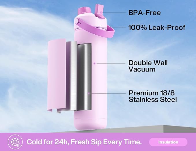 POWCAN 26 oz Insulated Water Bottle with 2-in-1 Straw and Spout Lid, Keep Cold 24H, Leak-Proof, Fits in Car Cup Holder, Stainless Steel Water Bottle for Sports, Travel, Gift and School (Cherry Pop) - Image 3