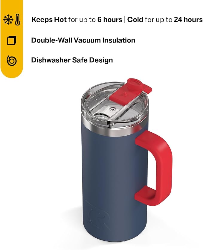 RTIC 16oz Road Trip Travel Mug with Lid and Handle, Ceramic Lined, Insulated, Stainless Steel, Metal, Double Wall Vacuum-Insulation, Portable Coffee, Tea Cup for Hot and Cold Drink, Patriot - Image 2