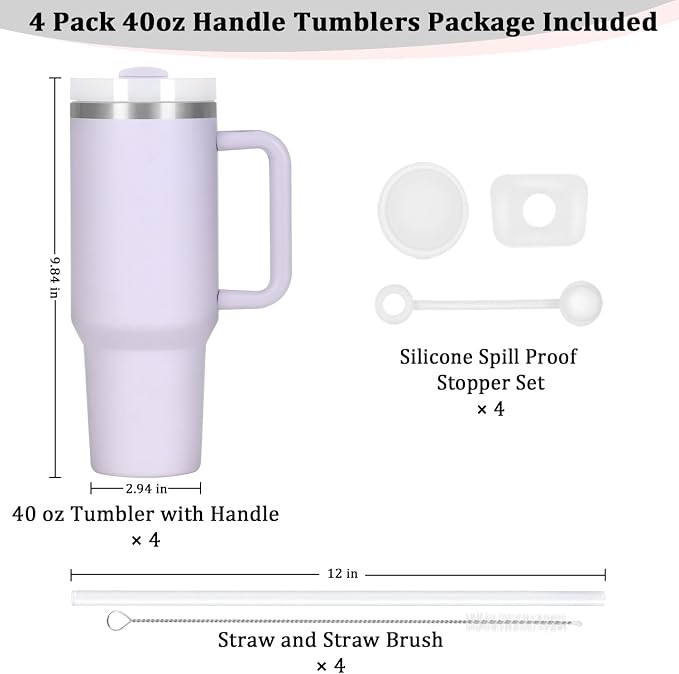 4 Pack 40 Oz Tumbler with Handle Bulk, Double Wall Vacuum Insulated Stainless Steel Tumbler with Lid and Straw, 40 oz cup with Silicone Spill Proof Stopper Set (Purple) - Image 3