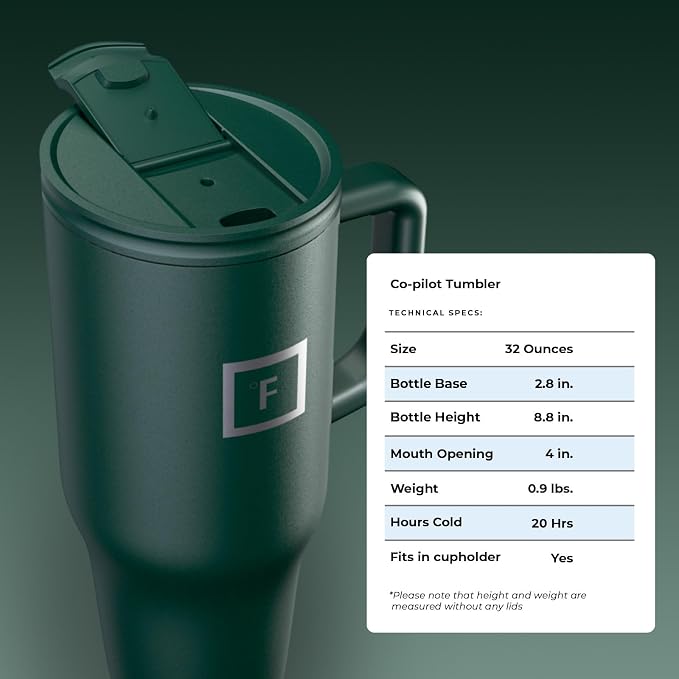 IRON °FLASK Co-Pilot Insulated Mug w/Straw & Flip Cap Lids - Cup Holder Bottle for Hot, Cold Drink - Leak-Proof - Water, Coffee Portable Travel Mug - Dark Pine, 32 Oz - Image 9